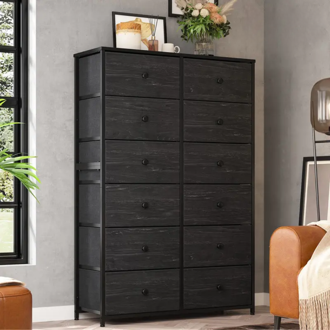 ™Zenthra | שידת בד שחורה בגובה 52.3" – 12 מגירות נשלפות, מסגרת מתכתית חסינת חלודה
